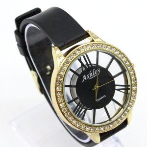 Ashley Princess Watch Women's Casual Gold Tone Rhinestones Black Rubber Band